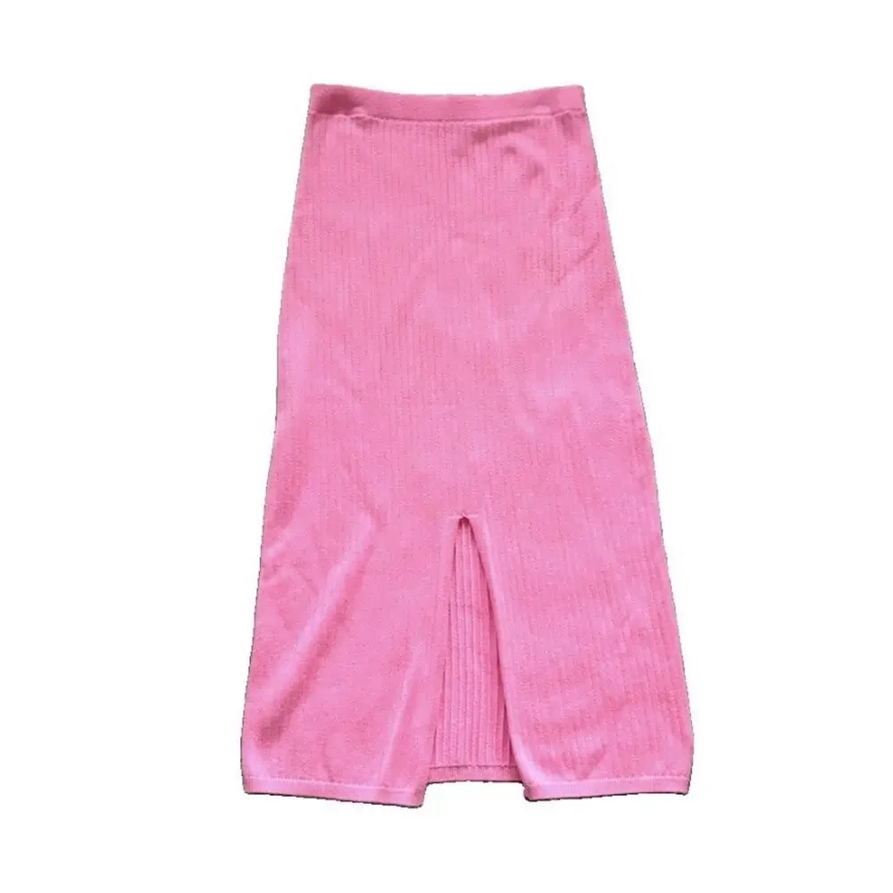 Free People Women's Skyline Ribbed Fitted Pink Front Slit Midi Skirt Size Medium